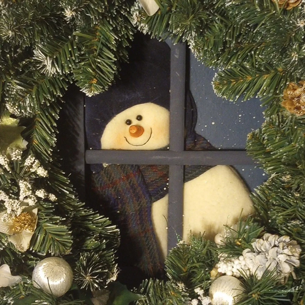 Christmas Holiday Snowman Wreath w/ White Flowers & Pinecones. Green Gold Blue